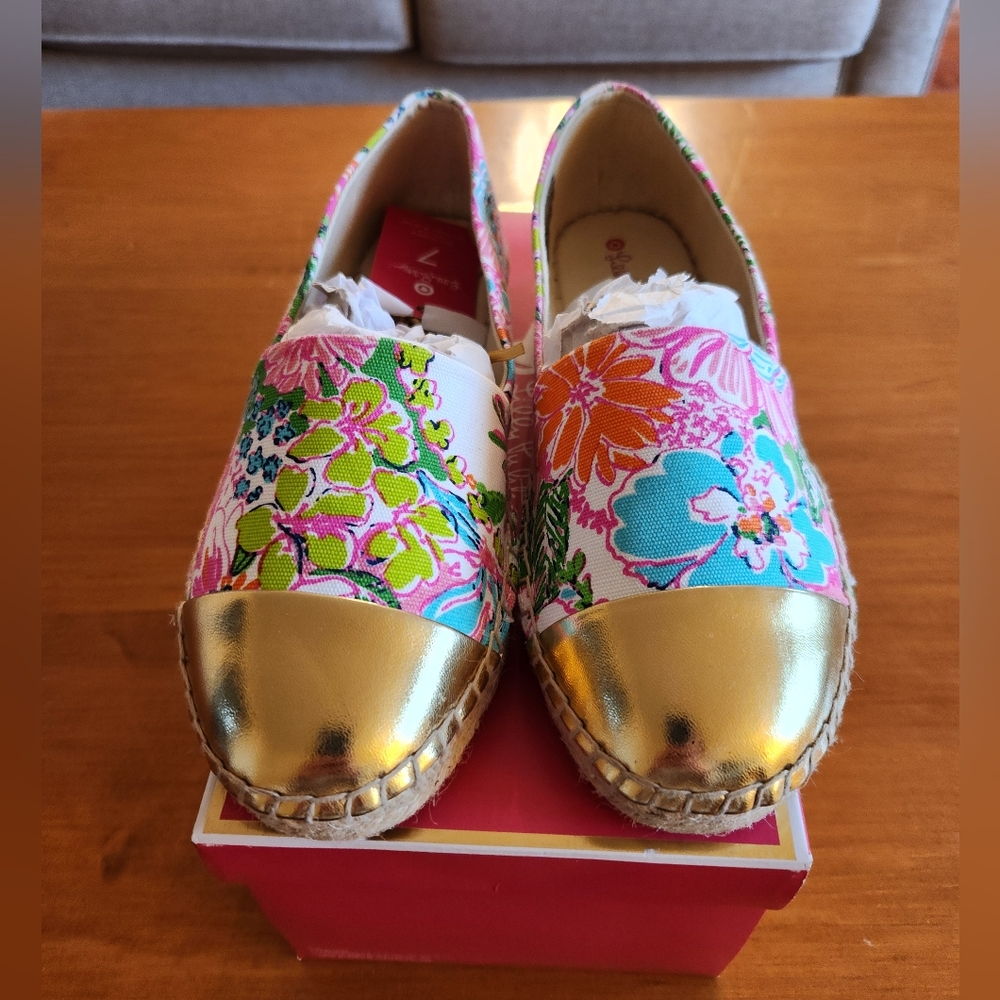 Lilly Pulitzer Colorful Floral Espadrilles with Gold Toe Cap